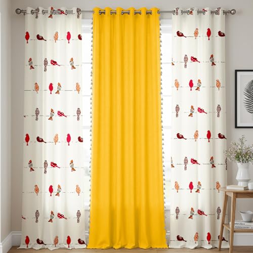 Image of Urban Space Animal 100% Cotton Curtains For Window,Combo Set Of 3 Curtains 5 Feet Long,60-65% Room Darkening Curtain,Tieback & Eyelets Included With Curtains For Home Decor (Humming Bird Red,5 Feet)