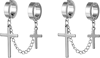 Pendientes de Acero Inoxidable para Mujer Hombre Pendientes Plata,Pendiente Clip Oreja Mujer con Borla de Cadena Cruz Aretes Plata