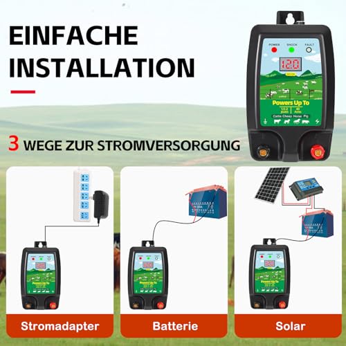 Warmfay Weidezaungerät 12V mit LED Anzeige, Elektrischer Schäferhund 2J Output für 10 km Reichweite, Wasserdicht Elektrozaungerät für Schutz von Nutztieren, Haustieren, Geflügel, Hausweide, Gärten