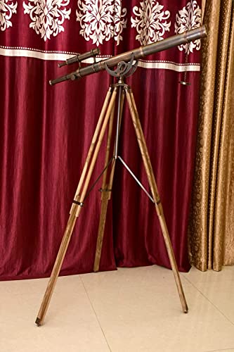 Vintage Double Barrel Telescope Shiny Copper Dark Antique Finish with Adjustable Natural Wooden Tripod Solid Brass Telescopes High Magnification Functional Spyglass Telescope Exclusive