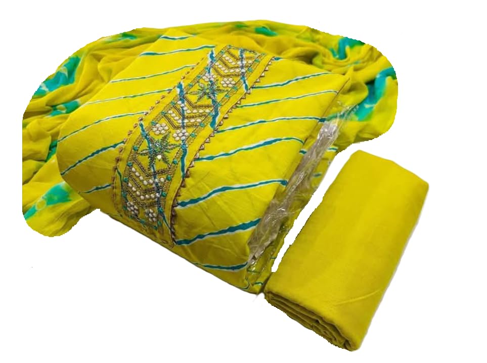 Salwar kameez dupatta cotton dress materials unstitched free size yellow colour front placket embroidery-image-17