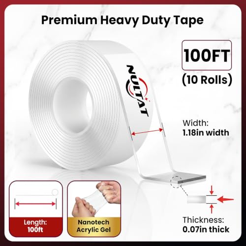 Image of NULTAT 100 Feet Double Sided Tape Heavy Duty, Nano Reusable, Removable, Washable Double Stick Tape for Wall, Clear Multipurpose Two Sided Adhesive Tape 1.18 inch x 120 inch (100 Feet)