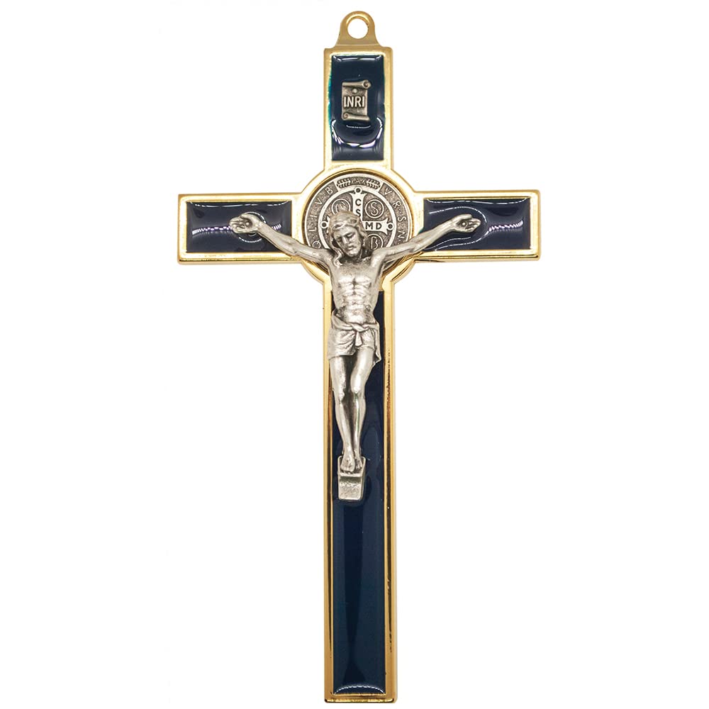 Village Gift Importers Blue St. Benedict Medal Wall Crucifix,Gold-Tone Accent,Patron Saint Of Students And Europe,8.75" Tall,Great Catholic Gift For Baptism, First Holy Communion, And Confirmation,Christian Home Décor (Blue)