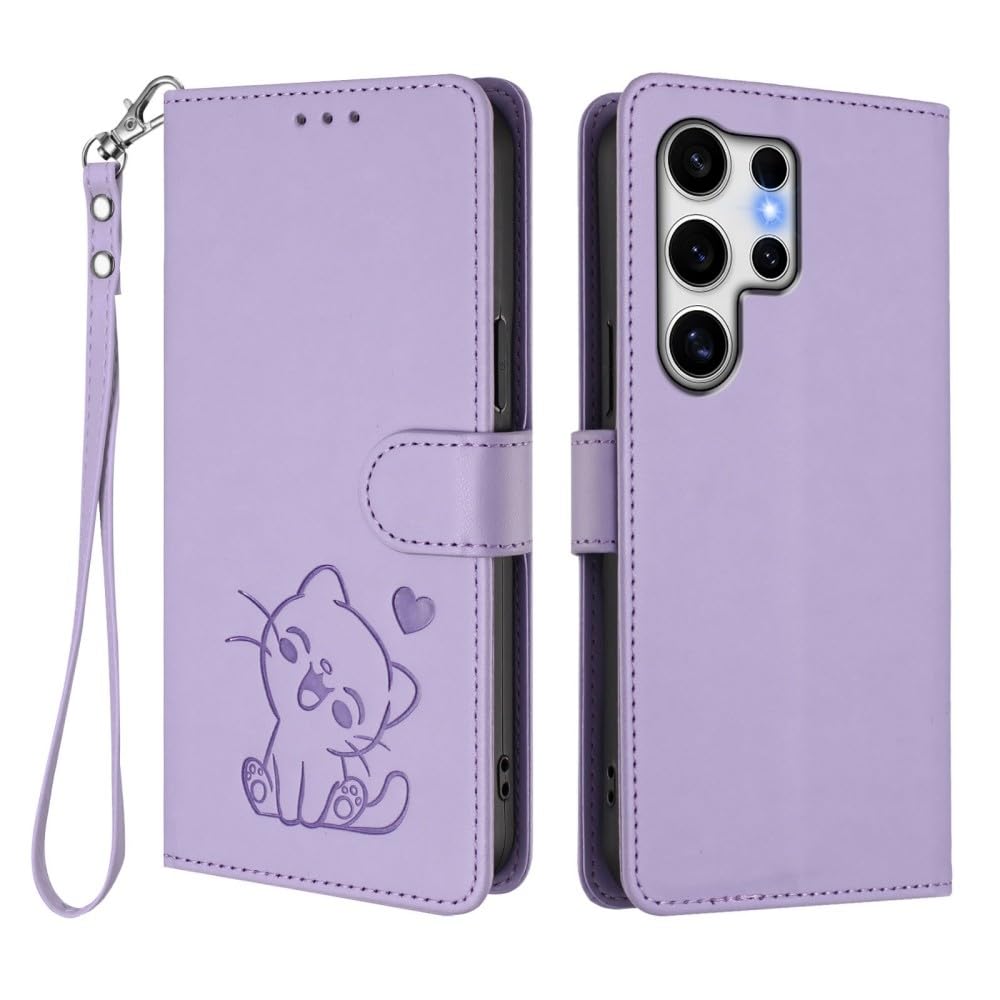 Étui portefeuille Samsung S22 Plus cuir aimanté violet design chat gravé - 8