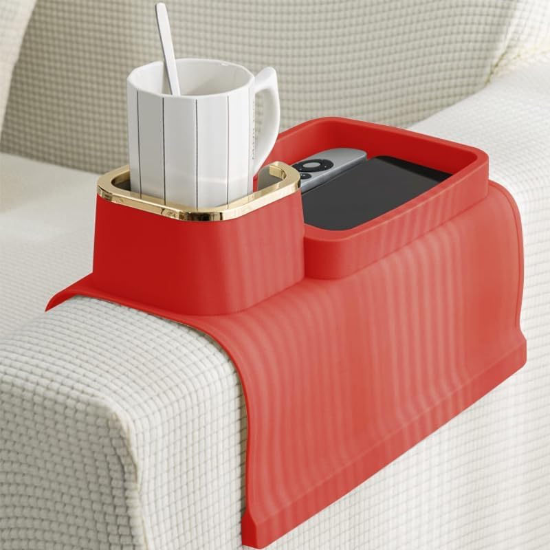 Image of Silicone Couch Cup Holder, Tray Anti-Spill Sofa Drink Coaster Anti-Slip Armrest Cup Holder Suit Tray for Remote, Snacks, Tissue, Magazines, Cellphone and iPad, Gift for Family, Friend (Red)