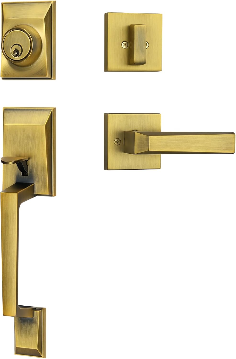 Modern Front Door Lock Set, Zinc Alloy Antique Brass Front Door Handle Set with Deadbolt, Exterior Entry Door Lockset, Elegant Trapezoid Design Handleset, Fits 35-45mm Thickness
