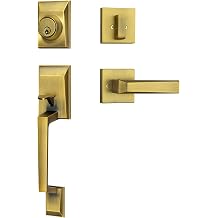 Modern Front Door Lock Set, Zinc Alloy Antique Brass Front Door Handle Set with Deadbolt, Exterior Entry Door Lockset, Elegant Trapezoid Design Handleset, Fits 35-45mm Thickness