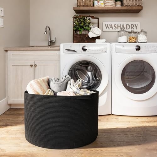 Image of MEGASKET Large Black Blanket Basket, 22 inch X 22 inch X 14 inch Woven Rope Bin for Storage, Kids Dog Toy Storage Box Organizer Bins, Blanket Holder for Living Room, Decorative Wicker Basket for Organizing