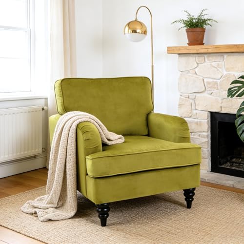 chairus Olive Green Velvet Accent Chair, Mid-Century Modern Club Armchair with Firm Supportive Seat & Soft Backrest, Comfy Single Sofa Reading Chair for Living Room Bedroom