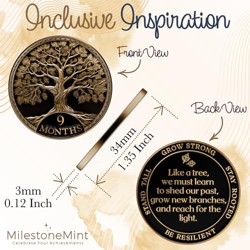 Image of MilestoneMint 9 Months Sobriety Coin Tree of Life Gift Set | Anniversary Sobriety Gifts for Men & Women | AA Coins and Medallions with Token Capsule, Stand & Card | 3D Texture, Recovery AA Chips