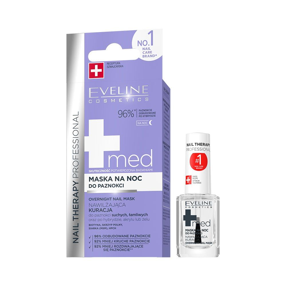 Eveline Cosmetics Nail Therapy Professional Nail Recovery Night Mask MED+ - Intensive Treatment for Damaged Nails with Biotin & Horsetail Extract, Vegan Formula, 12 ML