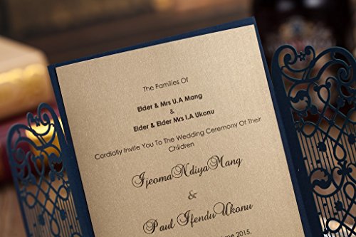 Wishmade 50 Navy Blue Elegant Laser Cut Gate Fold Design Wedding Engagement Invitation Kits Cards Stock, For Bridal Shower Graduation Party Quinceanera Dinner Party With Envelope Cw5102 #TOP6