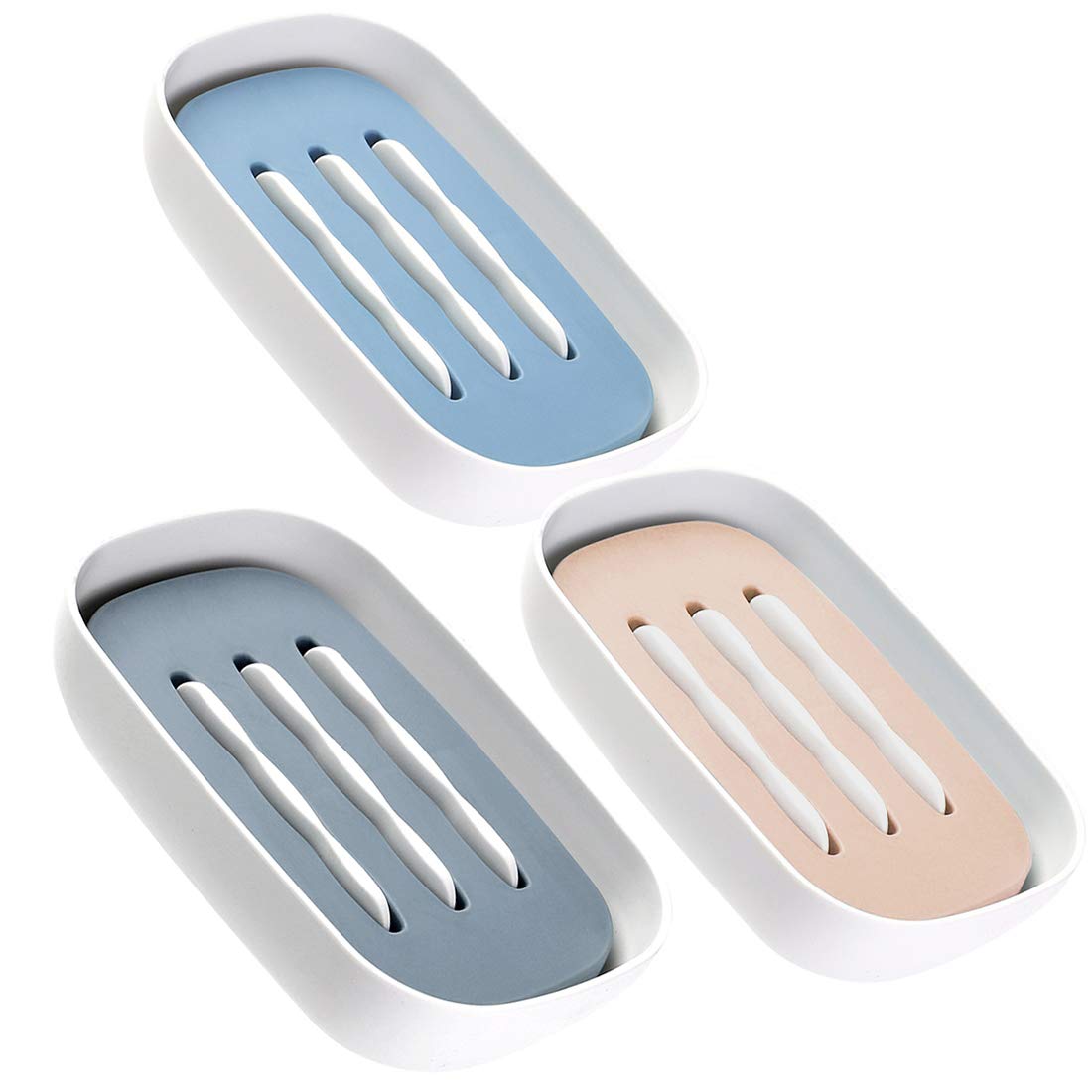 Soap Dishes, 3 Pack Plastic Soap Holders with Drain, Double Layer Draining Soap Box for Bathroom, Kitchen and Hotel, Keep Soap Dry