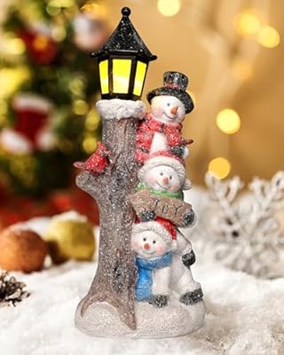 iStatue Lighted Stacked Snowman Tabletop Decor Figurine with Lamppost Lantern - 11.2'' Resin Cardinal Christmas Decorations Indoor - Unique Xmas Gift Idea (Joy Trio)