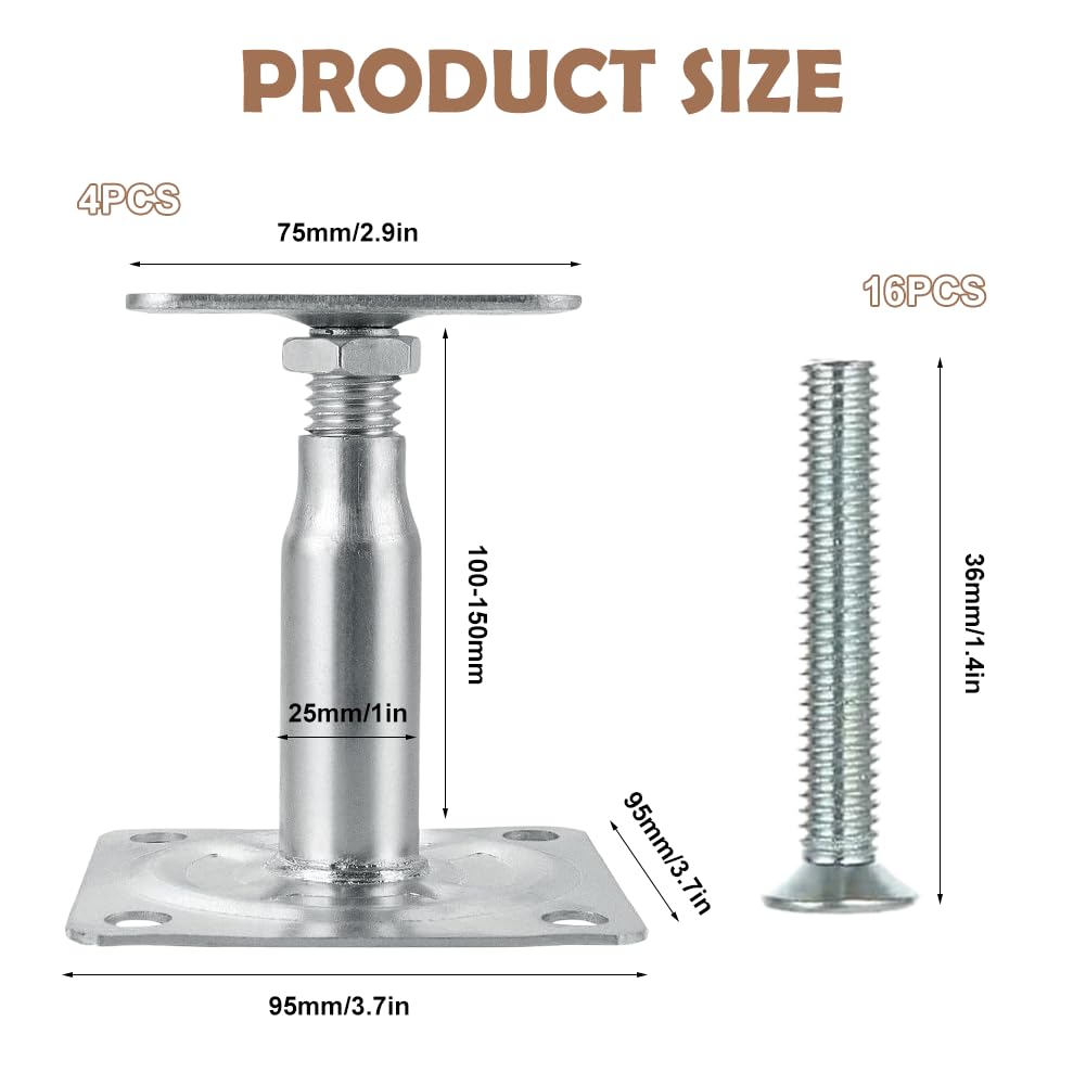 Set of 4 Post Brackets Height-Adjustable, for Screwing on Galvanised, Thick Layer Passivated - Image 2