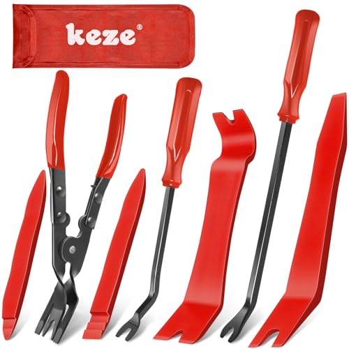 Keze 7 Pcs Auto Trim Removal Tool Kit for Car Panel Dashboard Door Clips and Upholstery with Plastic Pry Tool & Clip Pliers – No Scratch Design Professional Automotive Repair Tools Set, Red