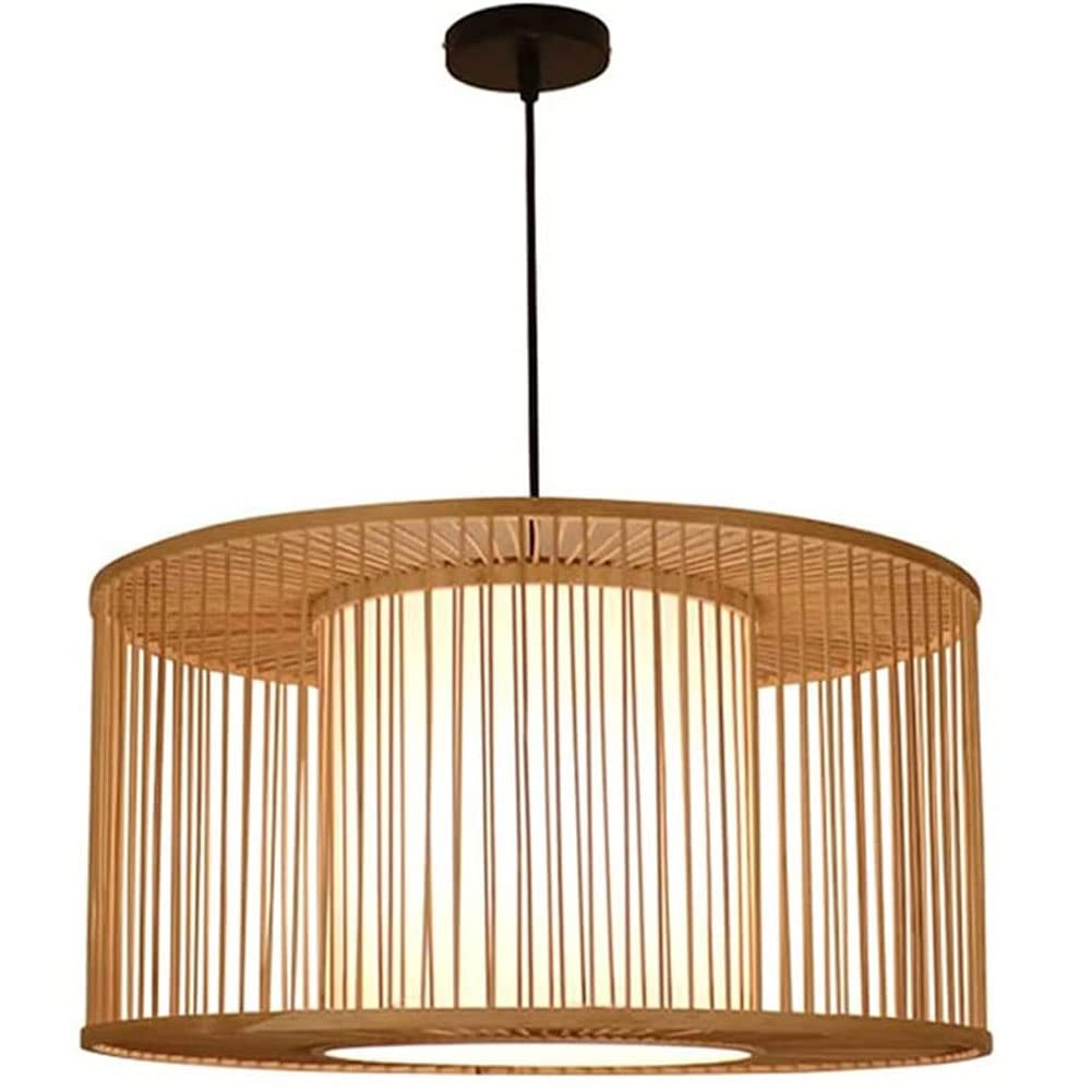 Żyrandol rattanowy w stylu retro, 40 cm (15,7 cala), ręcznie pleciony bambus, oprawka E27, regulowana wysokość, beżowy żyrandol do sypialni, przedpokoju lub willi