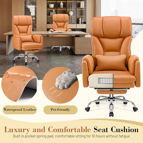 Image of Big and Tall Office Chair, 400LBS Wide Leather Gaming Chair with Footrest, High Back Executive Chair, Reversible Armrest for Pets, 135 Reclining Cross Legged Desk Chair with Lumbar Support(Brown)