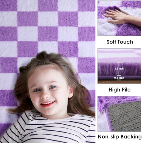 Image of KICMOR Purple Rugs for Bedroom Living Room, Fluffy Soft Checkered 4x6 Area Rug Fuzzy Shag Shaggy Carpet, Indoor Plush Bedside Floor Rugs for Kids Girls Boys Teen Dorm Nursery Home Decor Aesthetic