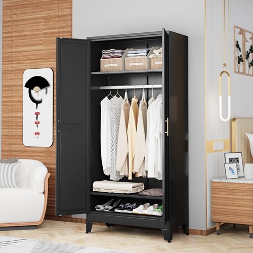 Image of GAIOUS Metal Wardrobe Cabinet with Hanging Rod, Clothing Storage Cabinets