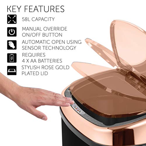 Tower T80904RB Kitchen Bin with Sensor Lid, Automatic Soft-Close, Manual Override, 58 Litre, Black and Rose Gold - Image 5