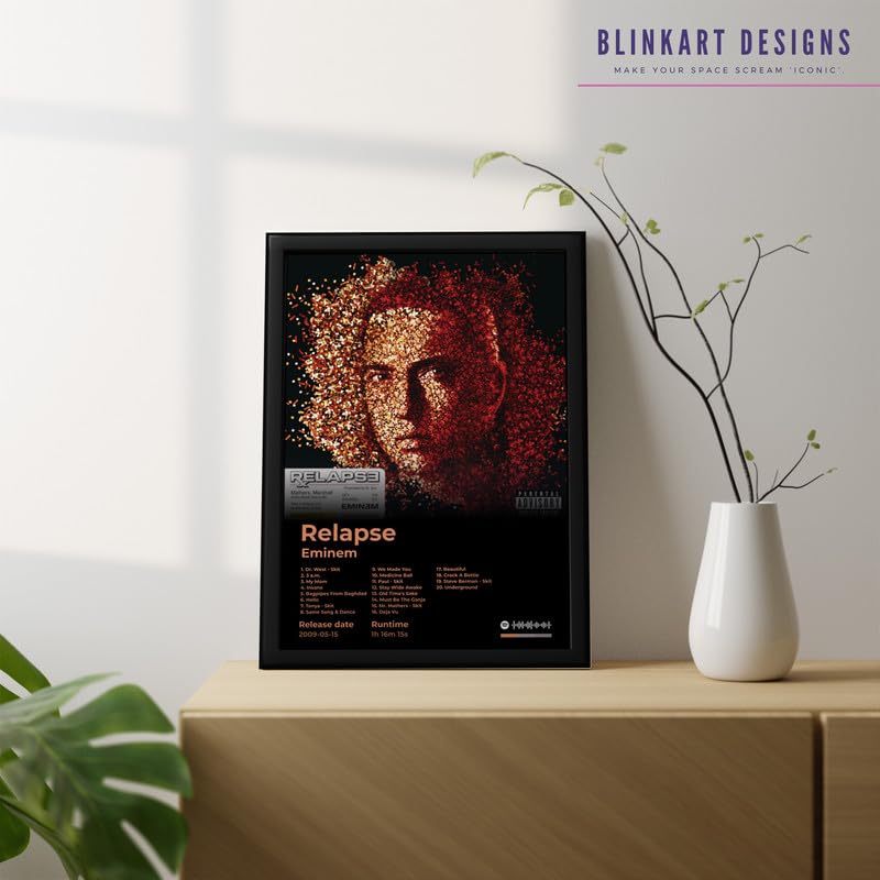 Image of BLINKART Eminem- Relapse Wall Photo Frames | Wall Art for Bedroom, Living Room, Studio or Office | Album Cover Print with Spotify Song Link QR Code | Gift for Fans - 8x12 In