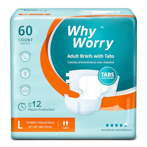 WhyWorry Adult Nappies for Women and Men, Disposable Adult Diapers for Incontinence with Overnight Absorbency, Odor Control, Unisex, Large, 60 Count (4 Packs of 15)