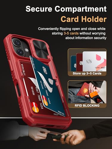 Image of Vihibii for iPhone 16 Wallet Case with Card Holder (4 Cards) [RFID Blocking] & Slide Camera Cover & Raised Edges Protect Screen, Shockproof Rugged Phone Cover for iPhone 16 6.1 inch 2024, Red