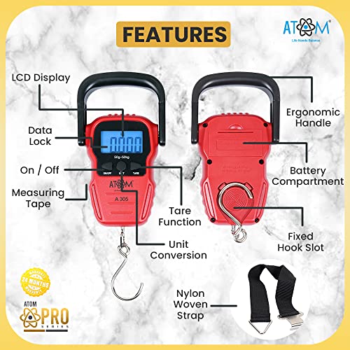 Image of ATOM Cerkel C-HS Series A305 Digital Hanging Luggage Weighing Scale, 50 kg Capacity, Stainless Steel Hook, Portable Electronic Weight Machine with LCD Display