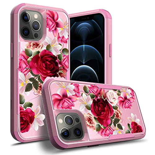 STORM BUY Compatible for Apple iPhone 12 Pro Max Cases, Pink Cute Women & Girls Heavy Duty [ Red Rose Floral ] Cover with [ Shockproof ] Protective Flower Phone Case for iPhone 12 Pro Max -TQ RR