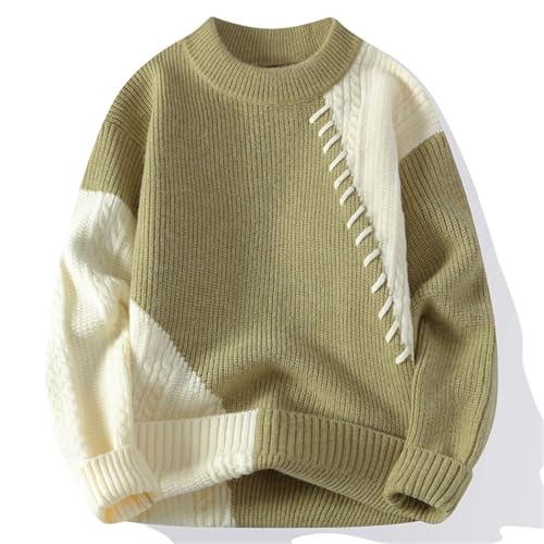 Men Patchwork Knit Pullover Sweater O-Neck Casual Streetwear Loose Fit Warm Autumn Winter Top