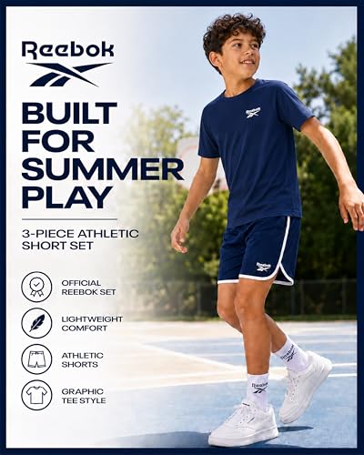 Image of Reebok Boys Athletic Shorts Set - 3 Piece Summer Clothes Outfit with Graphic Tees and Boys Running Shorts for Active Kids
