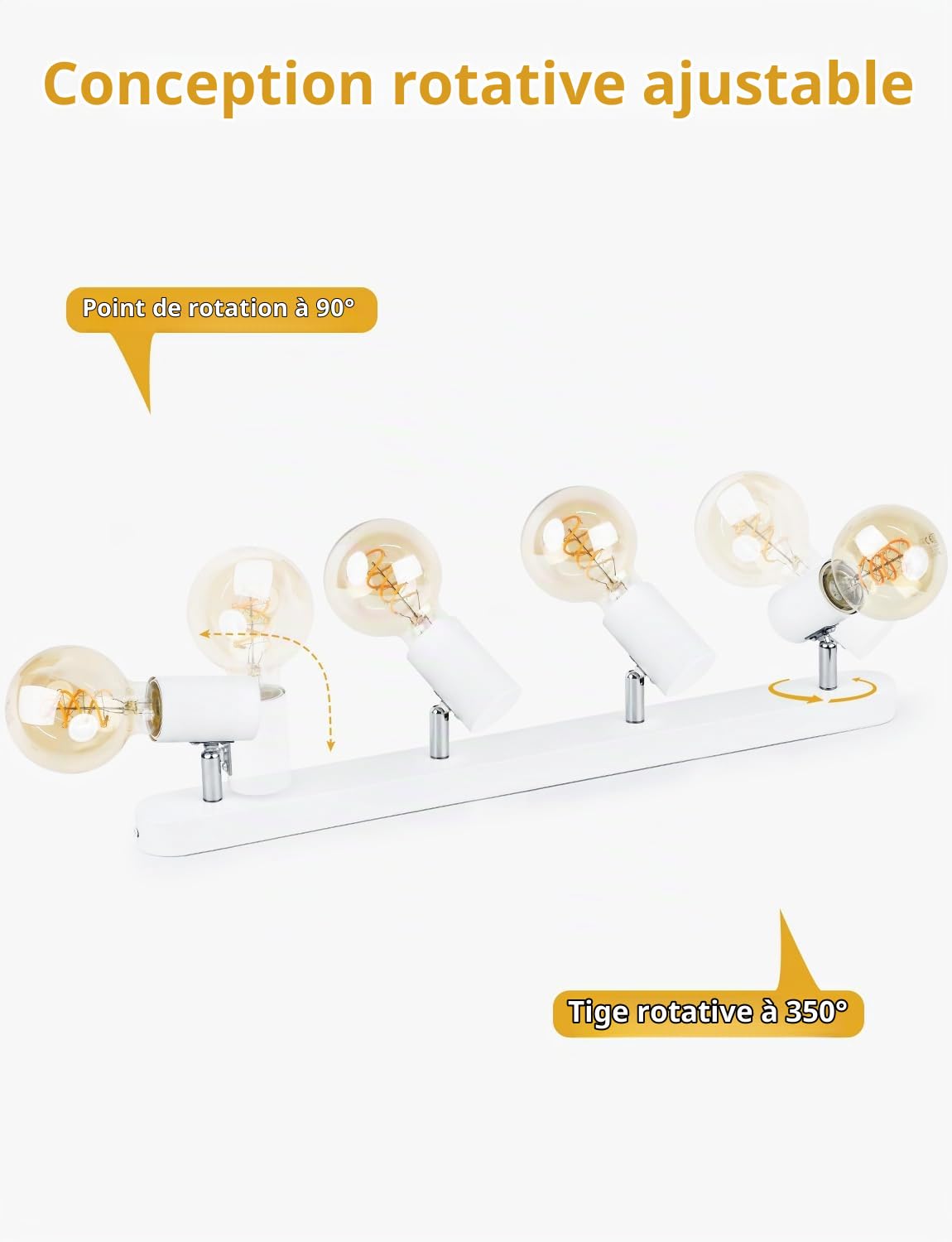 KYOTECH Plafonnier/Applique Murale, Plafonnier 4 Spots Orientables et Pivotant, Douilles E27, Ampoules non Fournies, Max. 60W, Spot de Plafond Noir Moderne pour Salon Couloir Cuisine (Sans Ampoule)