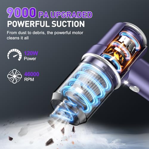 Image of KMM Handheld Car Vacuum Cleaner, 9000PA Vacuum Cleaner & Air Duster, 120W High Power Vacuum Portable Cordless, Hand Held Vacuum Rechargeable with Multi-Nozzles & LED Light for Home, Car, Office