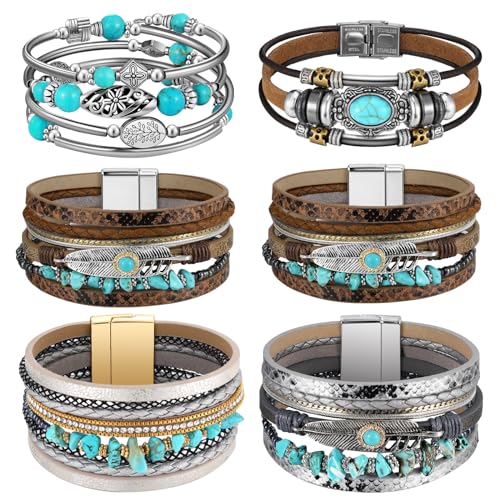 Sasylvia 6 Pcs Turquoise Bracelet for Women Leather Bracelet Western Jewelry for Women Multilayer Boho Cuff Bangle Set