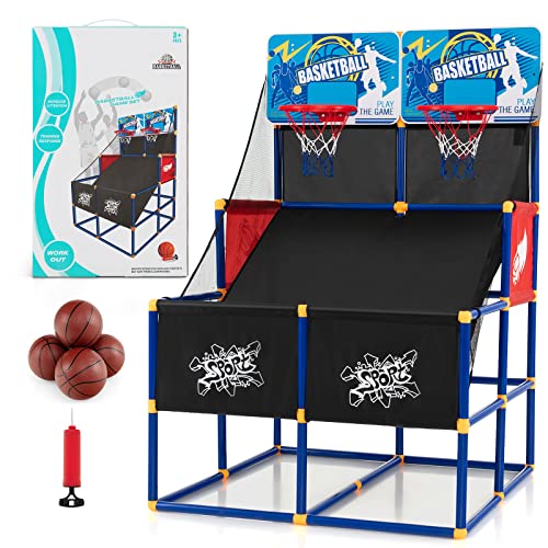 GYMAX Jeu d'Arcade de Basket-Ball pour Enfants, Arcade de Basket-Ball à Double Tir avec 2 Panneaux de Fond, 4 Ballons de Basket et 1 Pompe de Gonflage,...