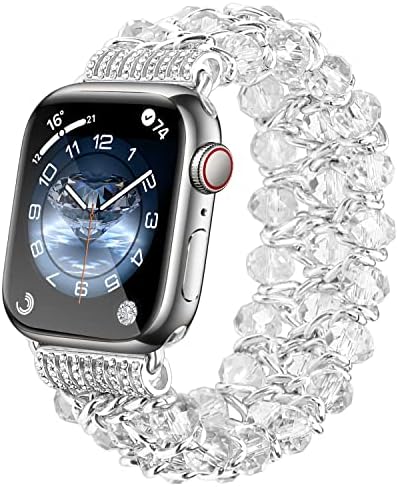 Glitter Beaded Bracelet Compatible Apple Watch Bling Band,Fohuas Clear Crystal Beads Pearl Bangle for iWatch Series Ultar 8 7 6 5 4 3 2 1 Metal Chain Elastic Jewelry Strap Women Girl Transparent Silver(white, 38mm/40mm/41mm)