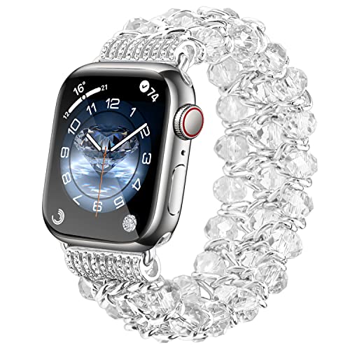 Glitter Beaded Bracelet Compatible Apple Watch Bling Band,Fohuas Clear Crystal Beads Pearl Bangle For Iwatch Series Ultar 8 7 6 5 4 3 2 1 Metal Chain Elastic Jewelry Strap Women Girl Transparent Silver(White, 38Mm/40Mm/41Mm) #TOP2