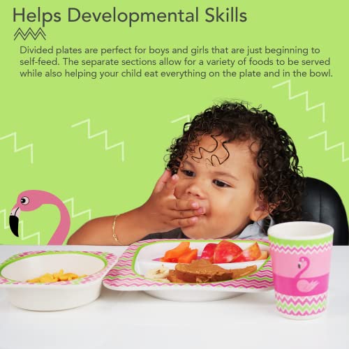 Thoneed Bamboo Kids Plate And Bowl Set | Matching Dishes For Toddlers Ages 1+ | 5 Piece Divided Dinnerware Set Includes Plate, Bowl, Cup & Utensils | Reusable, Bpa Free & Dishwasher Safe (Flamingo) #TOP2