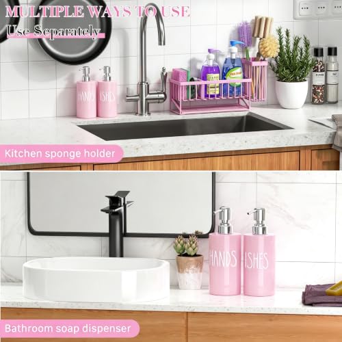 Image of MASADI Pink &Silver Kitchen Dish Soap Dispenser Set with Sponge Holder, 12OZ Glass Bottle, Hand and Dish Soap Dispenser Set, Non-Slip Silicone Pad, Brush Holder, Kitchen Sink Organizer Countertop