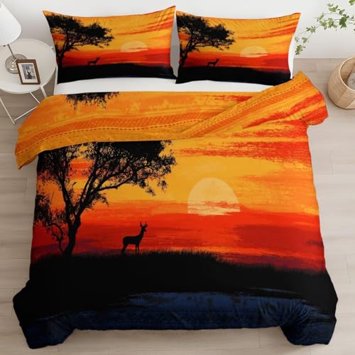 Housse de Couette 240 x 220 Adulte Coucher de Soleil sur la Faune Parure de lit 2 Personnes Savane Africaine 3D Douce Microfibre Literie Set 3 Pièces...