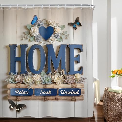 Image of Riyidecor Rustic Floral Shower Curtain Blue Wood Country Farmhouse Flowers Botanical Plant Leaf Wooden Home Vintage 60Wx72H Inch Love Words Fabric Decor Bathroom Polyester Waterproof 12 Pack Hooks