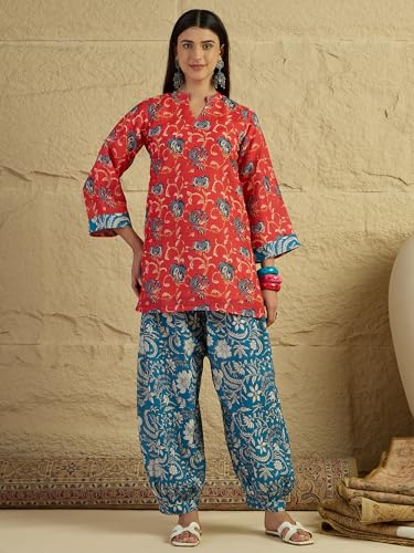 Image of EthnicJunction Women's Linen Floral Print Summer Wear Straight Short Kurti with Afghani Pant Set | Co Ord Set for Women Stylish | Fusion wear Women