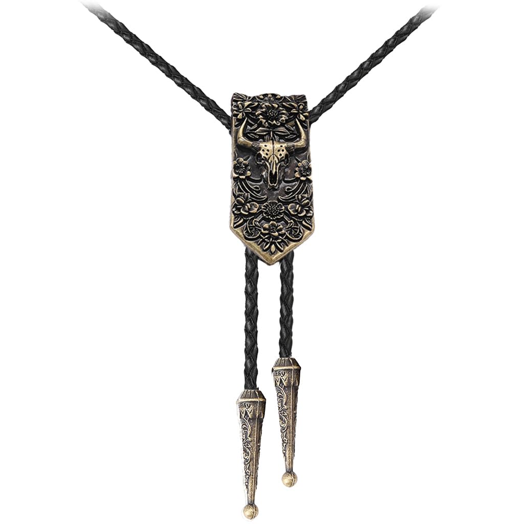 Joxevyia Bolo Tie for Men Vintage Cow Skull Leather Rope Western Cowboy Necktie Vintage Bola Tie Gift for Him