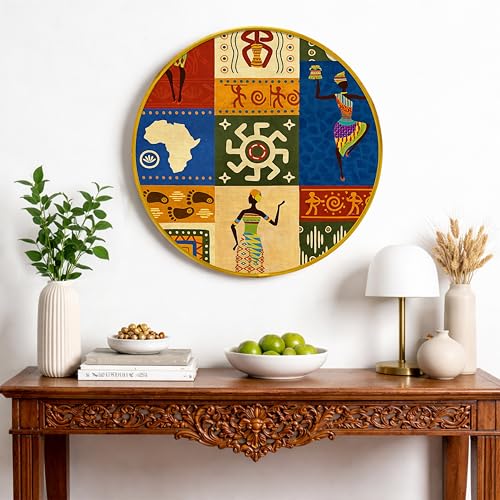 Image of African Tribal Round Framed Wall Art Painting For Living Room | Ethnic Cultural Abstract African Theme Wall Art Painting With Frame for Home, Bedroom & Office, 16 Inch