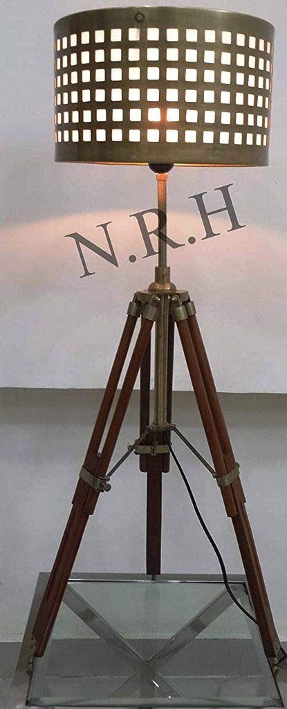 Nautyczny styl vintage drewniany statyw antyczny mosiądz lampa stołowa (z cieniowaniem)