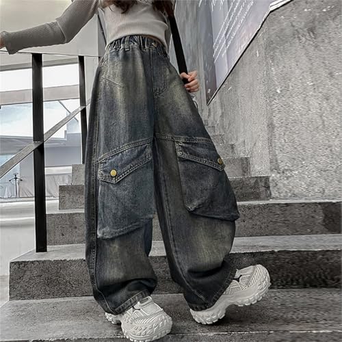 Baggy Cargo Jeans for Girls Wide Leg Straight Elastic High Waisted, Casual Fashion Streetwear Y2k Denim Pants Trousers2