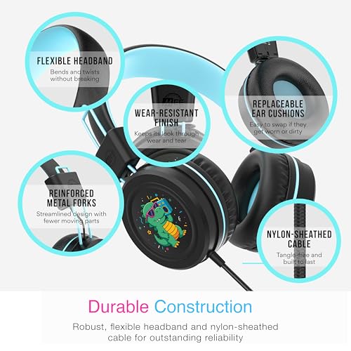 Image of MEE audio KidJamz KJ55 Wired Children's Headphones with 3.5mm Plug, Colorful Graphics, Volume Limiter & Microphone, Adjustable On-Ear Kids Headset for Online Learning /School /Travel /Tablet (Black)
