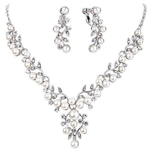 EVER FAITH Wedding Jewelry Clear Crystal Simulated Pearl Leaf Vine Necklace Clip-on Earrings Set Silver-Tone