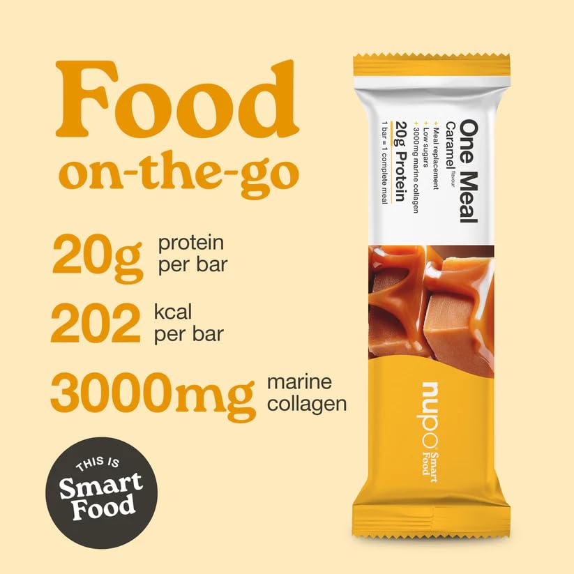 NUPO One Meal Bar – Caramel (15 x 60g) | Leckerer High Protein Mahlzeitenersatz Riegel zum Abnehmen | Low Sugar | Mit 3000 mg Kollagen | Kalorienarme Snacks mit Vitaminen & Mineralien